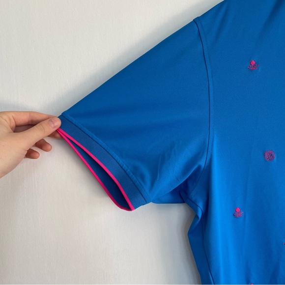 G/FORE Embroidered Piqué Golf Polo Shirt Blue Neon Pink Skull Striped Collar L - Picture 9 of 14